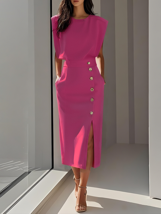 Amelia Marlene™ | Solid Midi Dress with Button Slit and Round Neckline