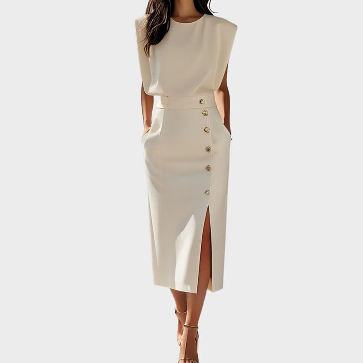 Amelia Marlene™ | Solid Midi Dress with Button Slit and Round Neckline