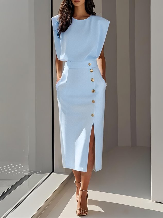 Amelia Marlene™ | Solid Midi Dress with Button Slit and Round Neckline