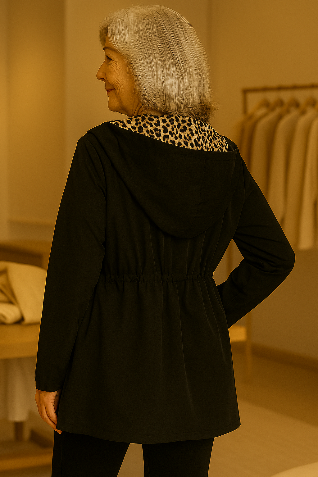 Reversible Hooded Coat with Leopard Print