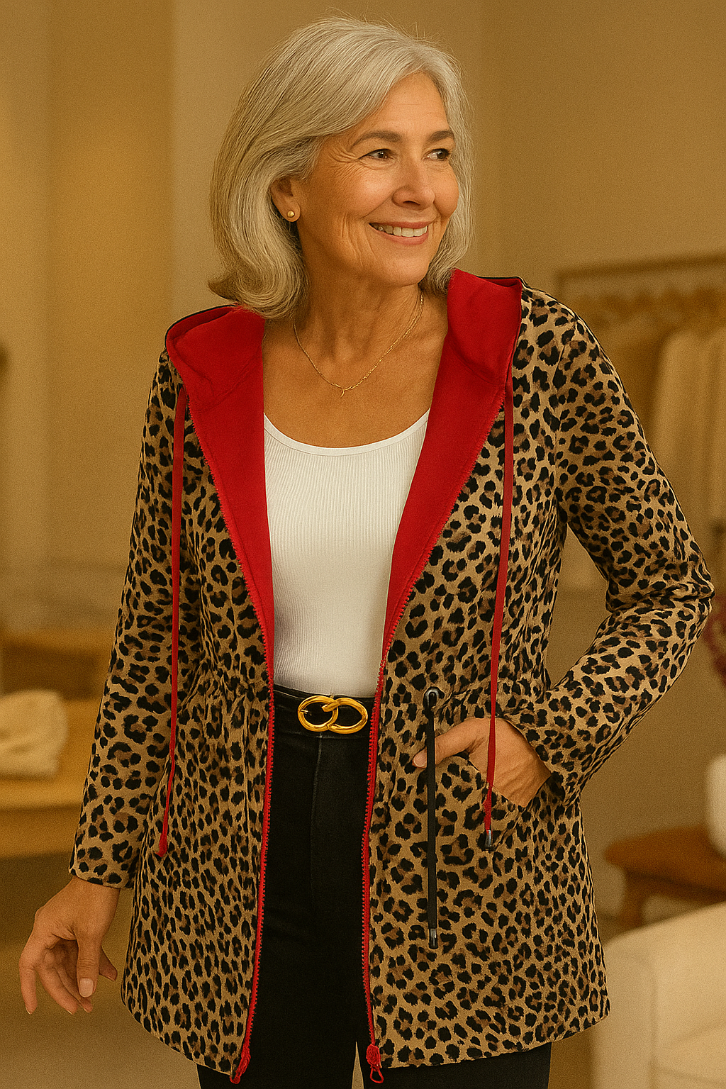 Reversible Hooded Coat with Leopard Print