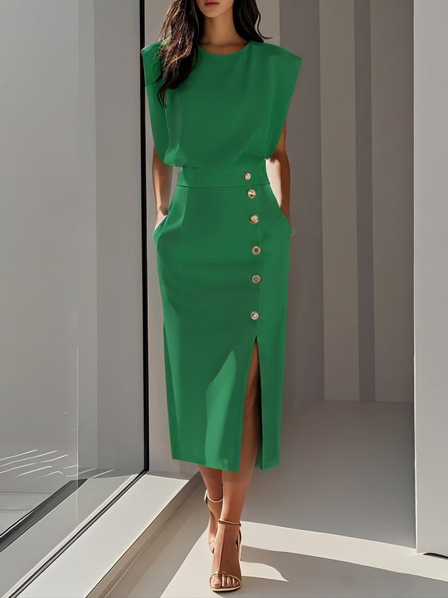 Amelia Marlene™ | Solid Midi Dress with Button Slit and Round Neckline