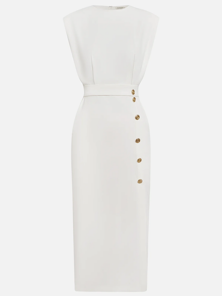 Amelia Marlene™ | Solid Midi Dress with Button Slit and Round Neckline